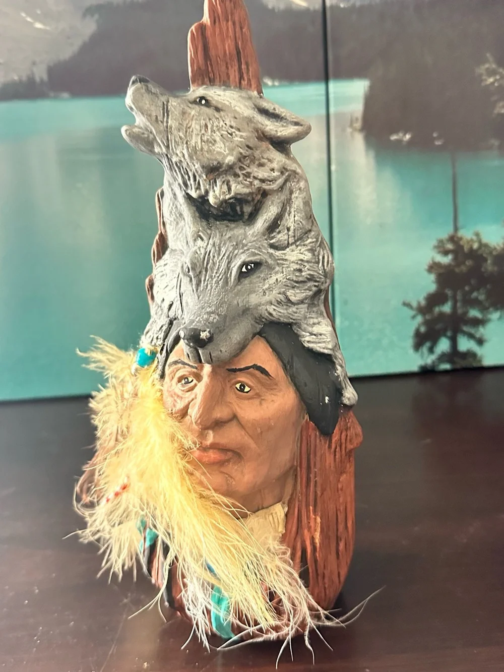 Handcrafted Native Spirit Wolf and Chief Home Accent - Gray and Brown